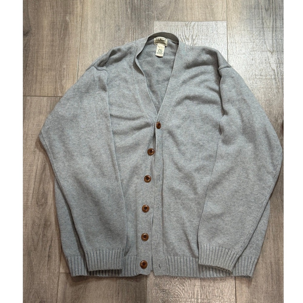 LL Bean Mens XL Tall Grey Cotton Knit Button Front V-Neck Cardigan Sweater